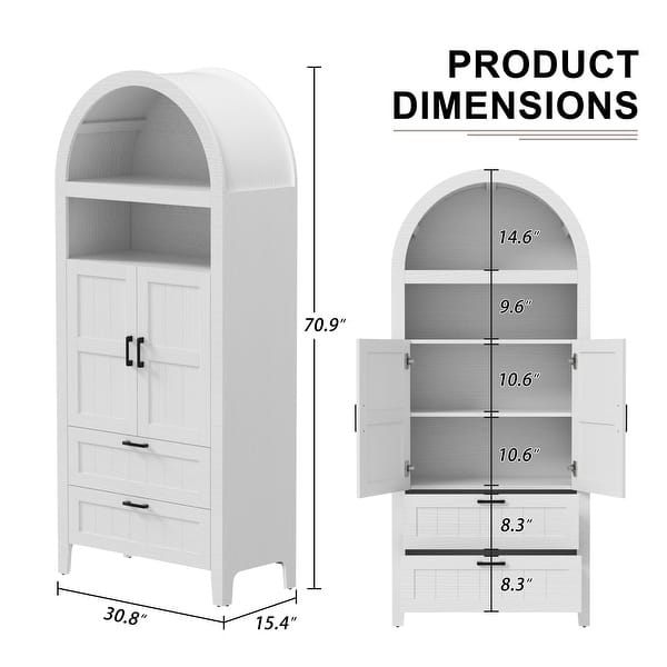 dimension image slide 0 of 2, Arched Storage Cabinet Display Shelves 2 Drawers
