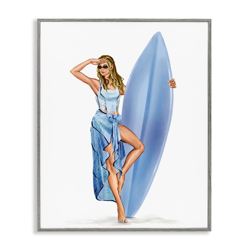 Stupell Trendy Surfer Girl in Blue Framed Giclee Art Design By Ziwei Li - 24 x 30 - Grey