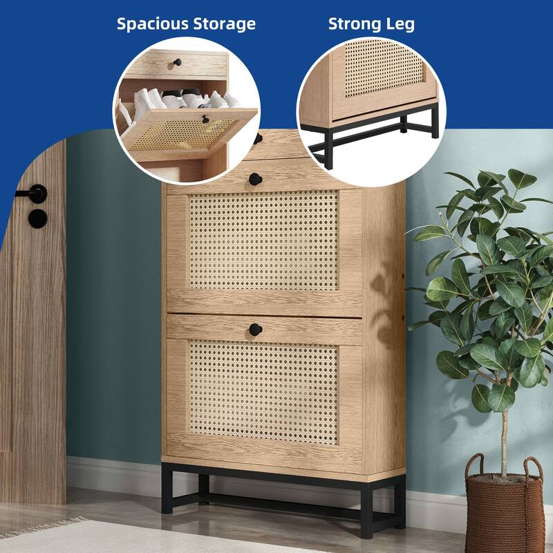 8 Pair Rattan Shoe Storage Cabinet 3 Drawers Shoe Rack - 23.6"L x 6.7"W x 38.2"H