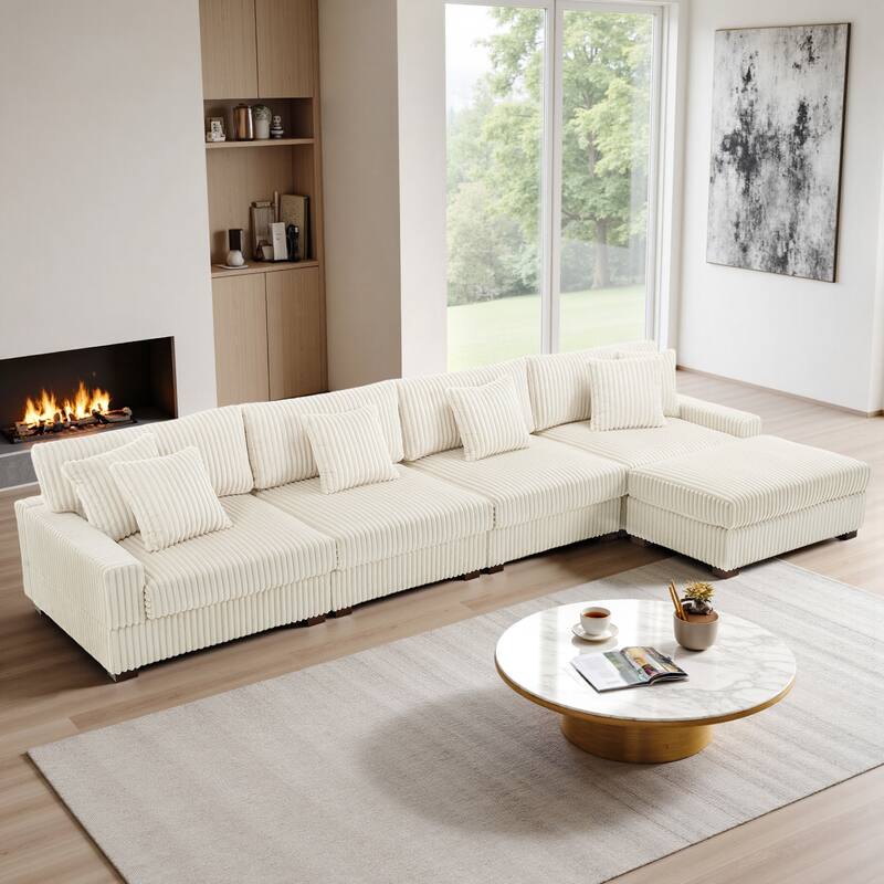 Modular Cotton Flannel Plush Sectional Sofa with Ottomans