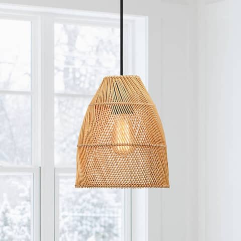 True Fine Eclectic Natural Rattan Bell Island Mini Pendant Light with White Hardware - 8.6 in. W