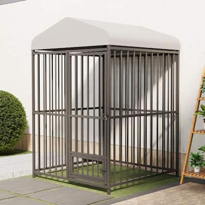 Large Outdoor Dog Kennel with Roof, Heavy Duty Metal Cage, Feeding Bowl & Lock