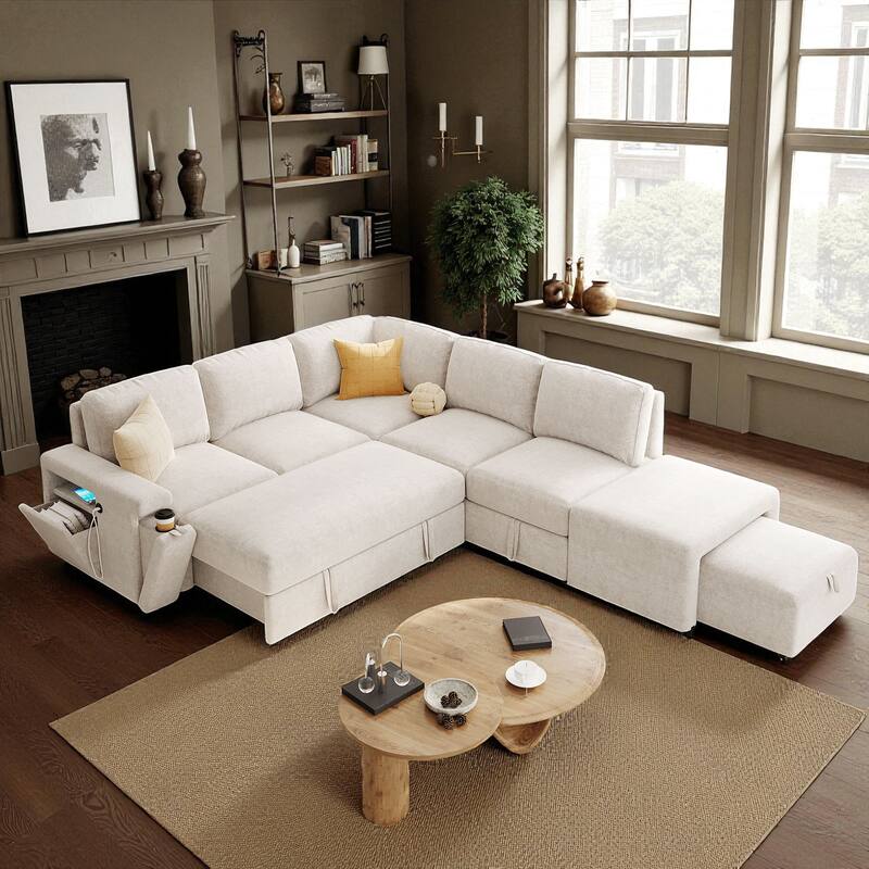 L-Shaped Modular Sofa with Storage Space USB Ports and Cup Holders Padded Sectional Couch for Living Room Office Apartment