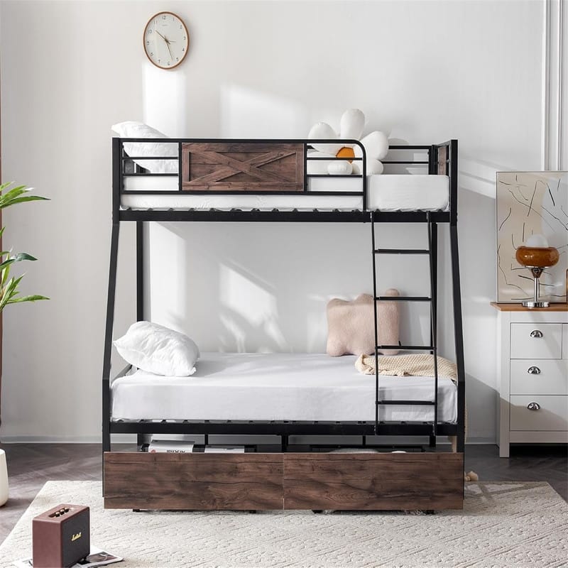Black Iron Bunk Bed Twin Over Full with Safety Guardrail Ladder and Storage Drawers Ideal for Kids , Teens and adults
