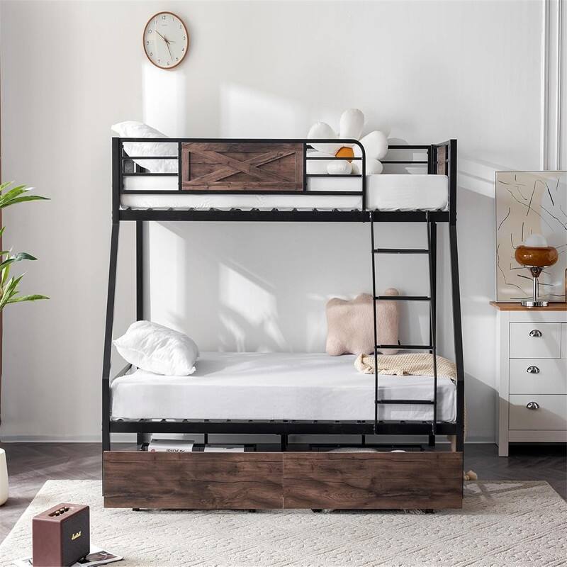 Iron Bunk Bed Twin Over Full with Storage Drawers Safety Guardrail and Ladder Black Ideal for Kids , Teens and Adults
