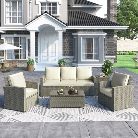 5-Piece Rattan Sectional Seating Group with Cushions and Table