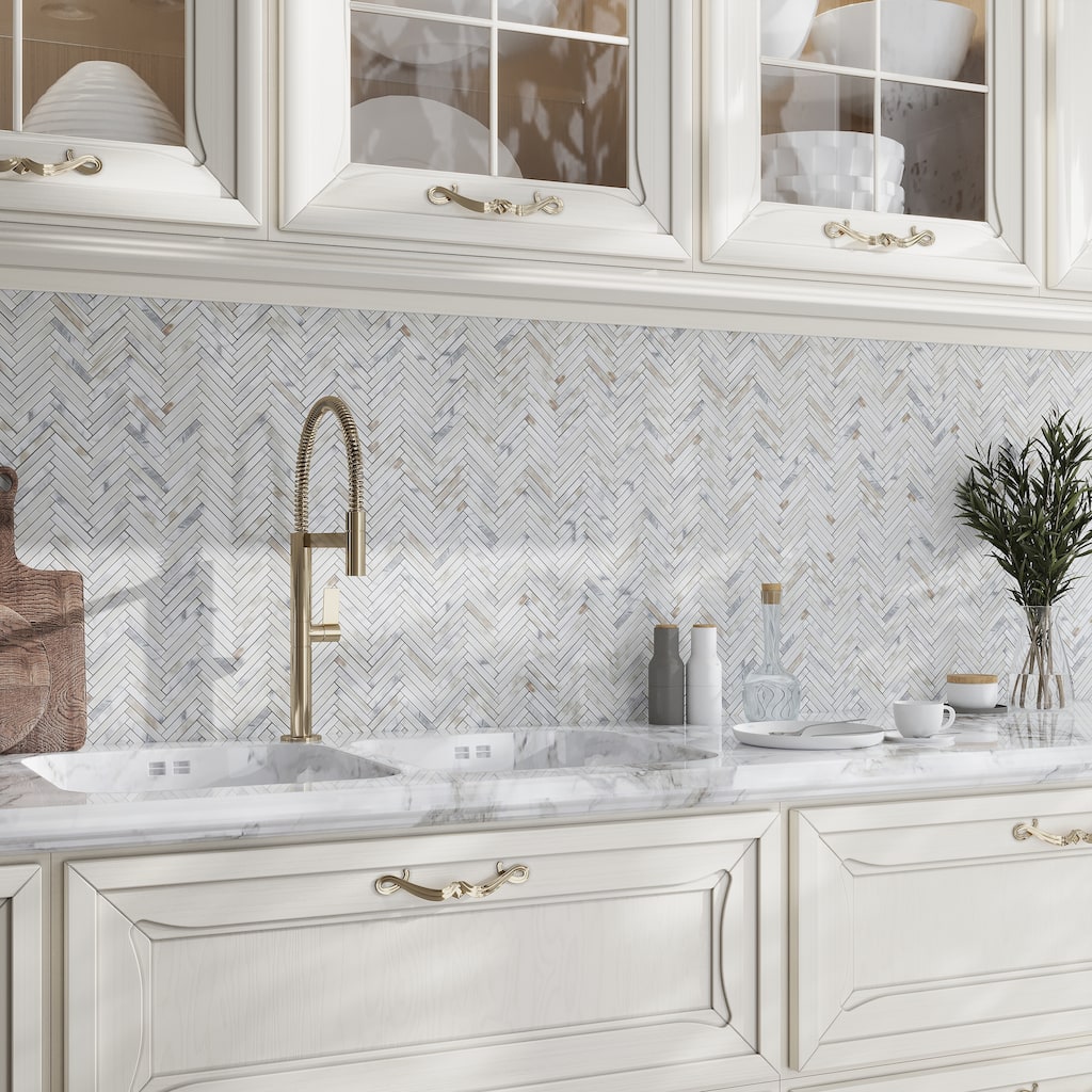 Serena 11x11 White Gray Calacatta Gold Mosaic Herringbone Wall and Floor Tile (4.2 sq ft/case) - 5 Pack