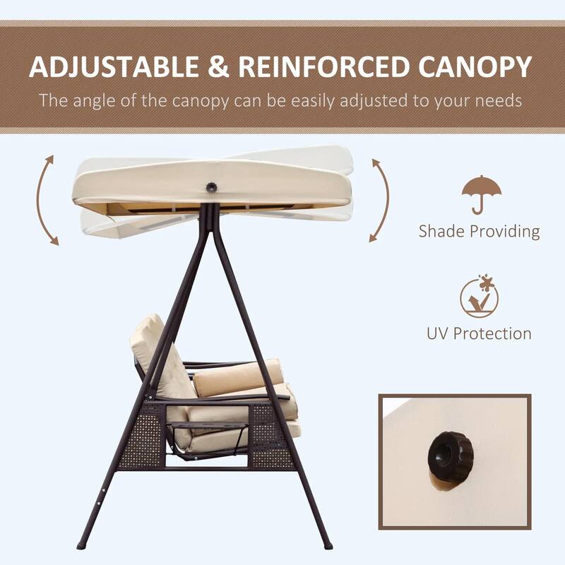 3-Seat Patio Swing Chair, Adjustable Canopy, Side Trays, Comfort Set