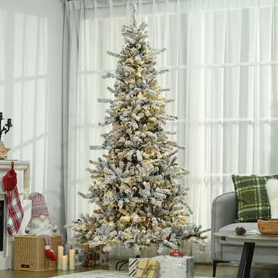HOMCOM 7.5ft Tall Prelit Artificial Christmas Tree Holiday Décor with 1566 Snow Flocked Branches Green