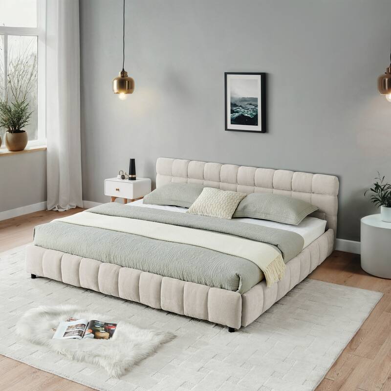 Block Thick Chenille Low Profile Platform Bed Fabric Upholstered Bedframe with Headboard Solid Wood Frame - Optional Storage Bed