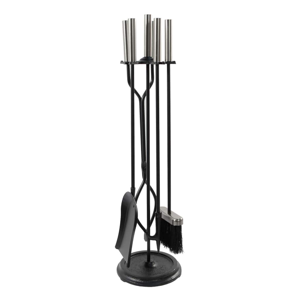 Achla Designs Neoclassic Set of 4 Fireplace Tools w/Round Base, 30 Inch Tall, Chrome and Black