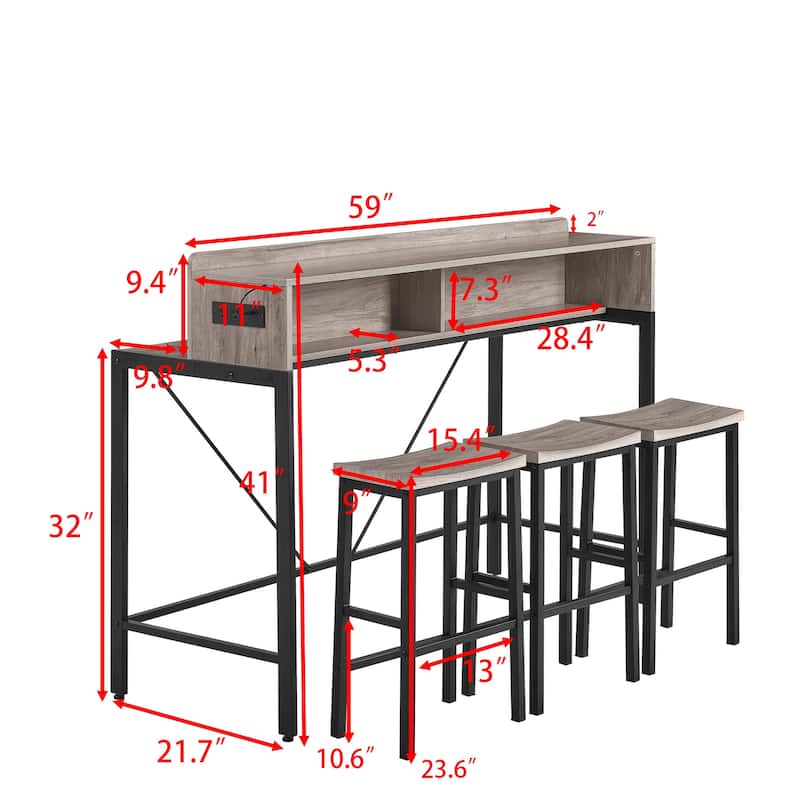 59" Bar LED Lighted Console Table with Power Outlets and 3 Ergonomic Saddle Chairs - 59" X 21.7" X 41"