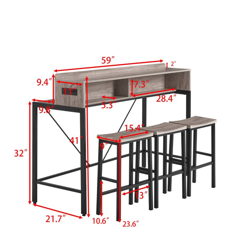 Counter Height Bar Table Set with Power Socket & LED Light, Farmhouse 4-Piece Dining Table Set with 3 Saddle Stools