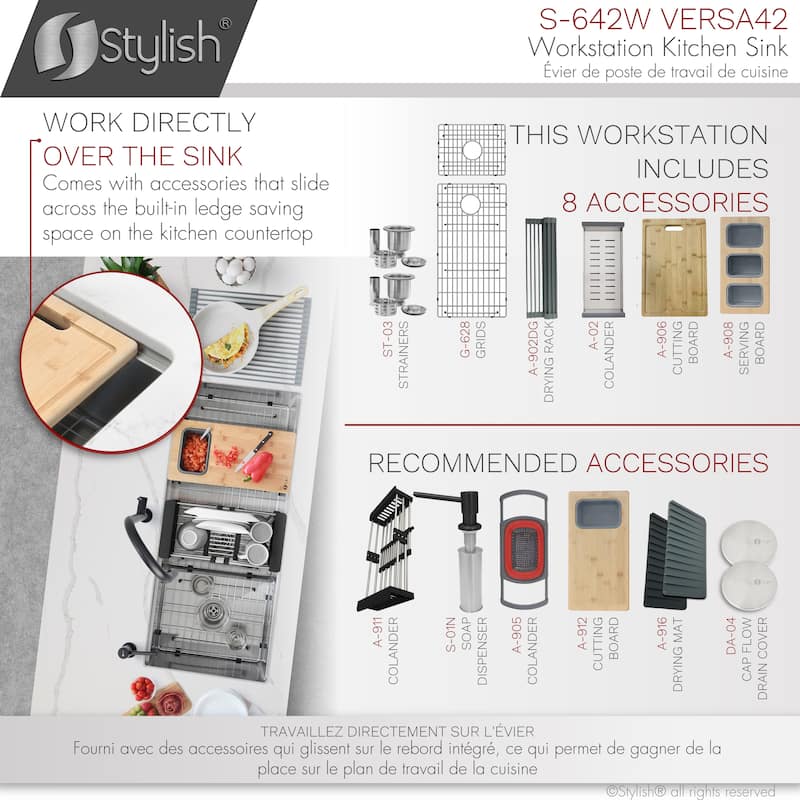 STYLISH 42 inches Workstation 70/30 Double Bowl Undermount 16 Gauge Stainless Steel Kitchen Sink with Accessories included