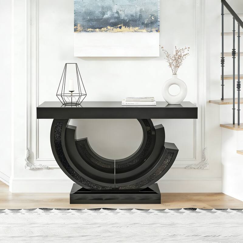 New Design Crushed Diamond Mirrored Console Table, Entryway Table With Diamond Inlay, Long Accent Table, Glass Sofa Table - Black