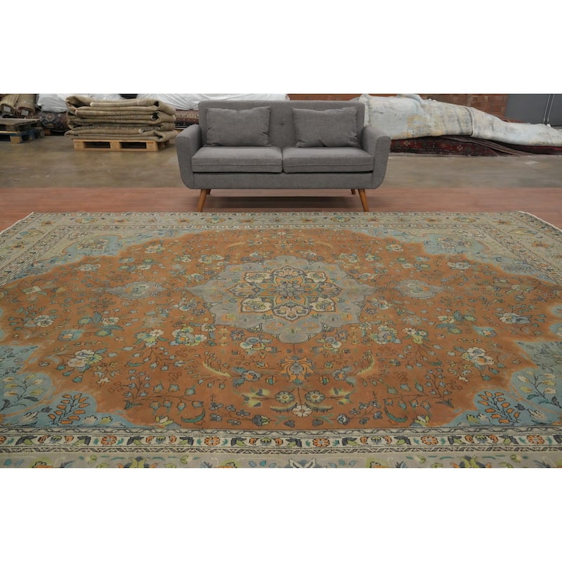 Hand Knotted Oriental 100% Wool Carpet Traditional Floral Brown Tabriz Area Rug - 13' 0'' X 10' 0''