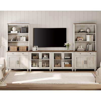 Rustic White Farmhouse TV Stand with Wooden Doors & Drawers