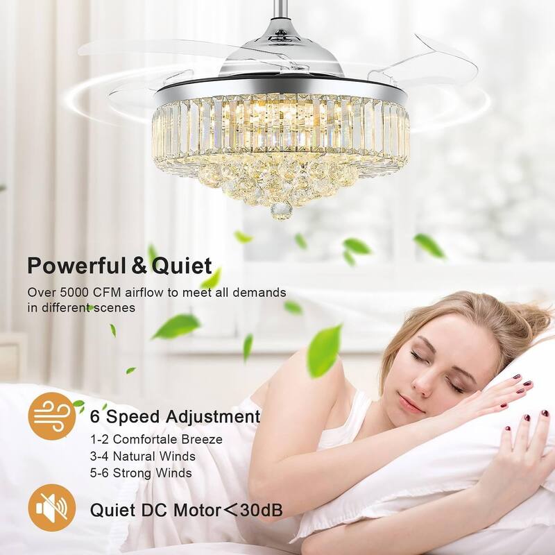 42" Fandelier Ceiling Fan with Light, Retractable Chandelier Fan LED Dimmable Crystal Ceiling Fan for Bedroom Living Room