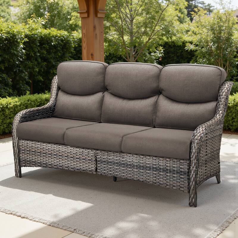 Meyreso Handwoven Wicker Outdoor Patio 3-Seat Sofa with 5-Inch Thick Cushions - Gray Cushions - Gray Wicker