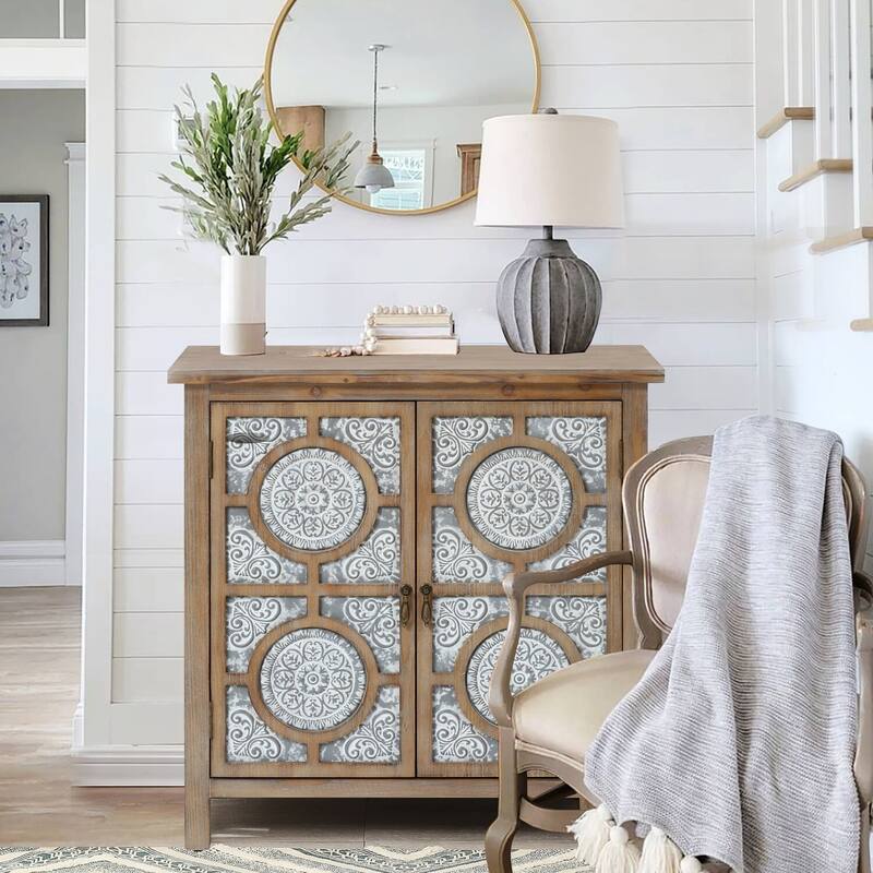 Storage Cabinet 2-Door Metal Lattice Wood Accent Cabinet - 31.5" Wide Home Decor