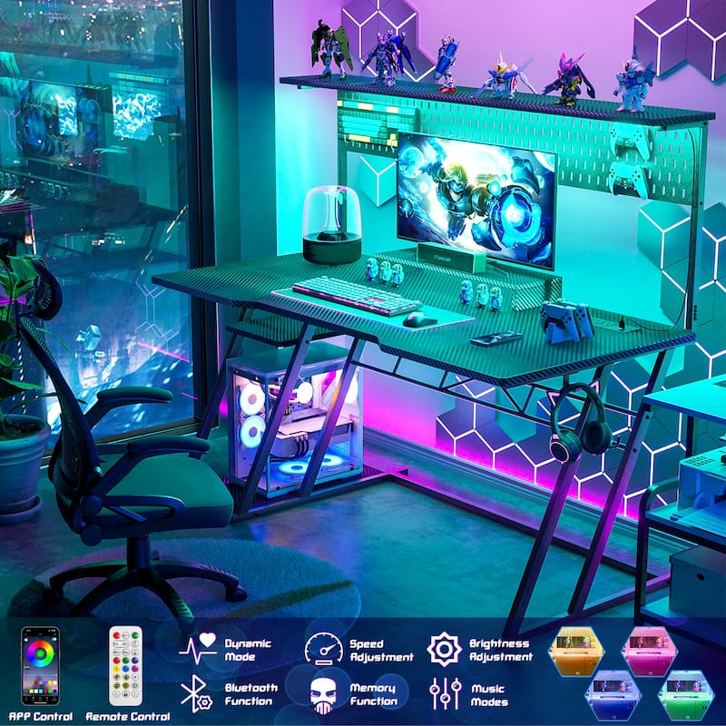 Gaming Desk with Hutch and LED Lights, Computer Table with Storage Shelves
