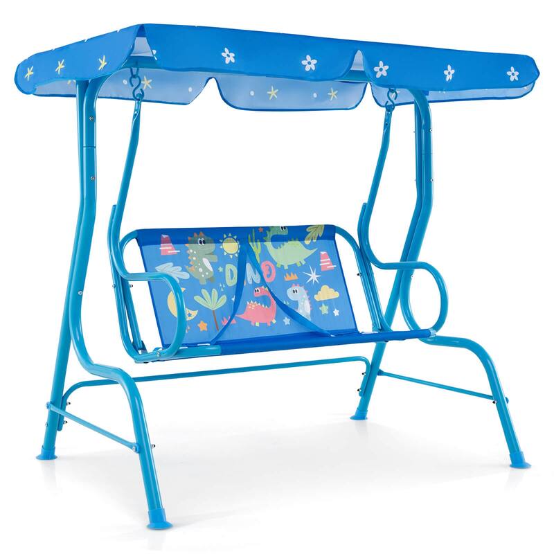 2 Seats Children Swing Chair Kids Porch Swing w/ Safety Belt & Canopy - Blue Dinosaur