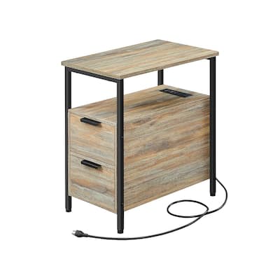 2 Drawers Slim Side End Table Nightstand with 2 Open Shelves and Charging Station for Living Room or Bedroom