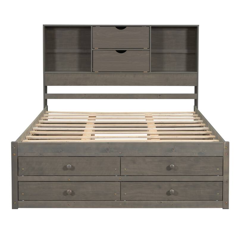 Queen Size Platform Bed with Storage Headboard & 8 Drawers - Gray