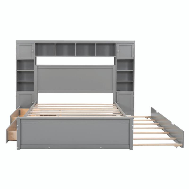 Wooden Bed with Built-in Cabinet, Shelf, and Sockets
