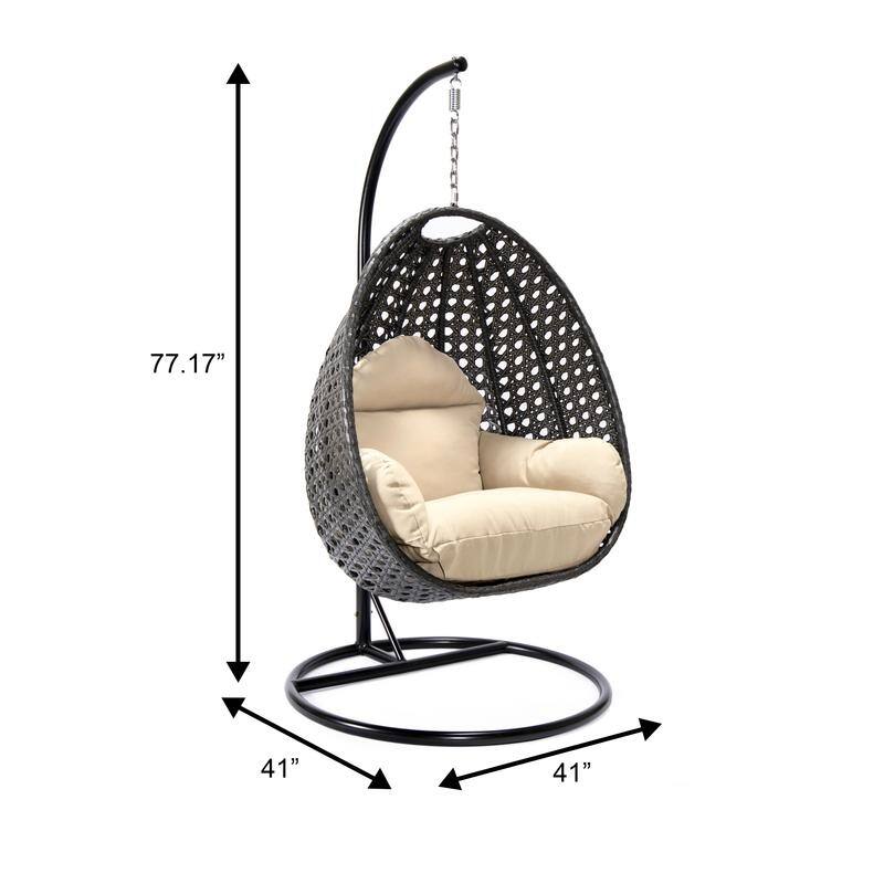 LeisureMod Charcoal Single Seater Rattan Wicker Egg Swing Hanging Chair for Indoor Outdoor Patio Porch Backyard Garden