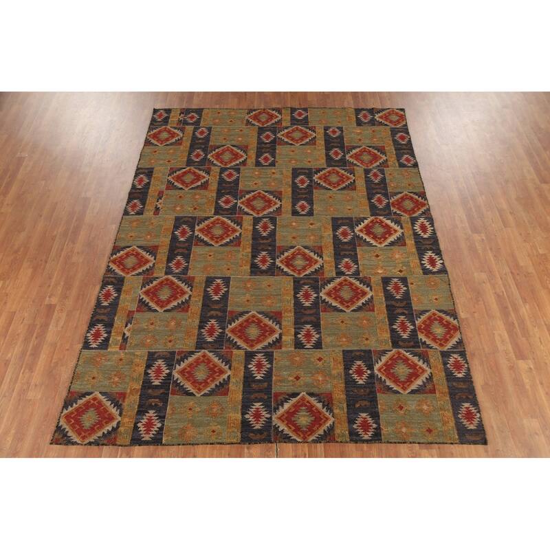 Geometric Kilim Indian Area Rug Flatweave Wool Carpet - 7'7"x 9'11"