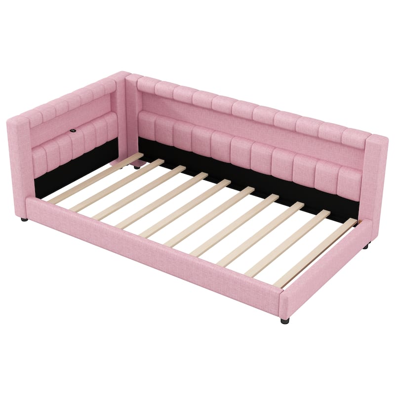 Upholstered Low-Profile Daybed Platform Bed Built-in USB Ports and LED Light Belt, Grounded Design with Padded Backrest