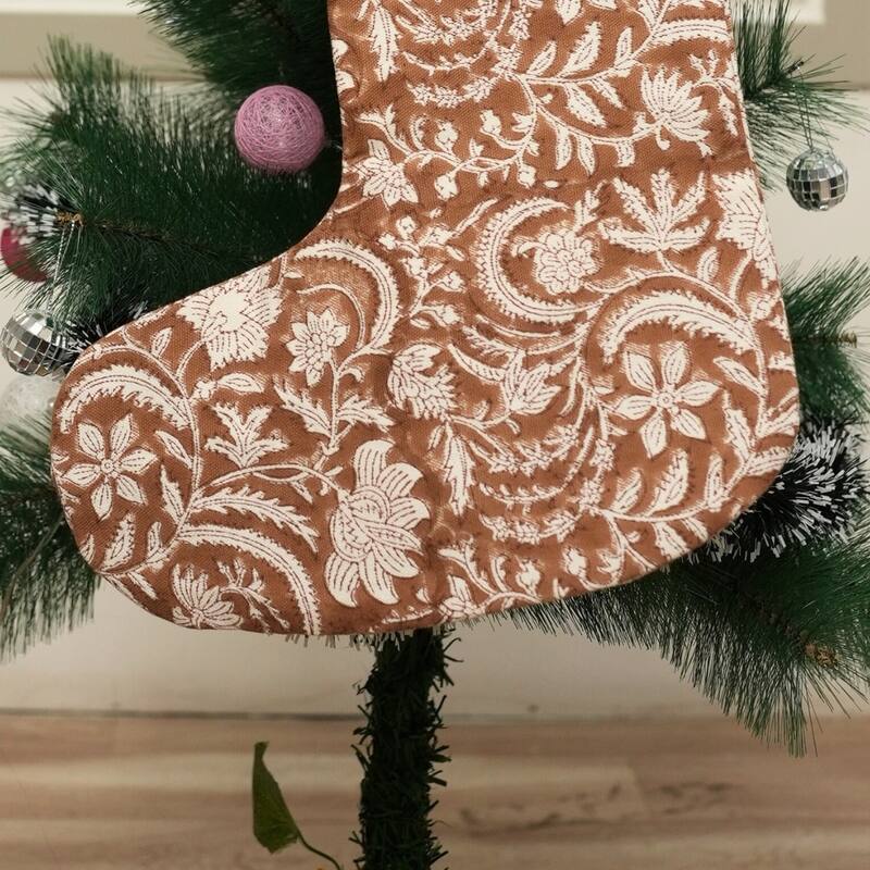 Fabdivine Linen or Cotton Hand Block Home Decorative Christmas Stockings - 16"X6.5" - Kundanvan- Chocolate Brown - Christmas Stockings