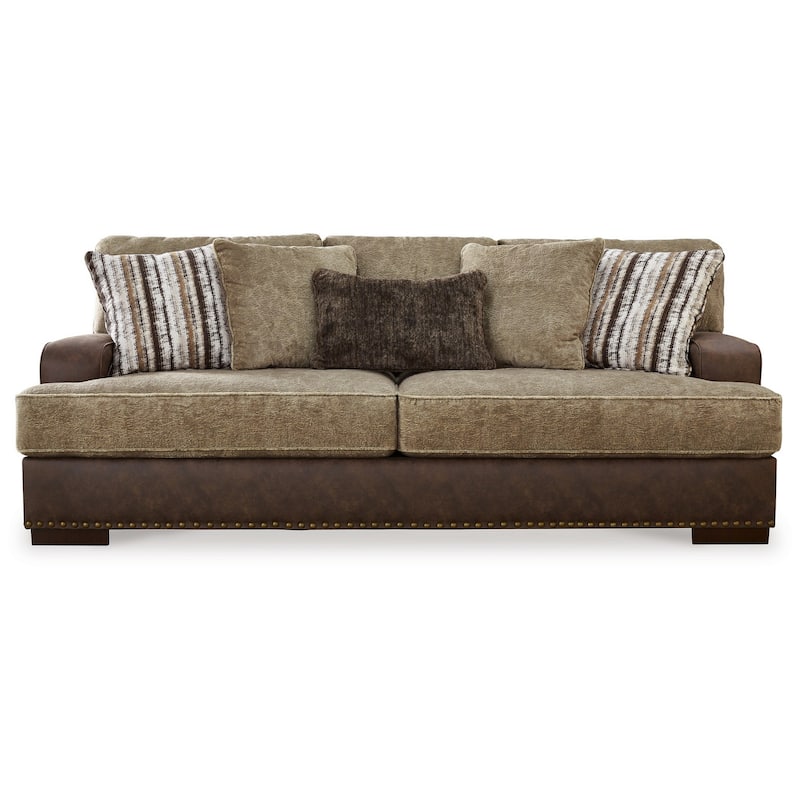 Srie 95 Inch Sofa, Nailhead Trim, 5 Accent Pillows, Brown Faux Leather