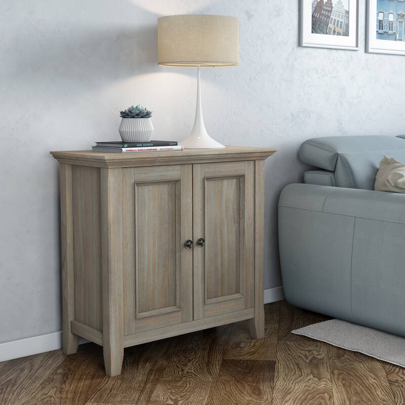 WYNDENHALL Halifax Solid Wood Transitional Low Storage Cabinet - 32"w x 14"d x 31" h - Distressed Grey