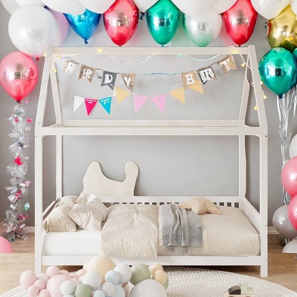 slide 2 of 16, Full Size Wood House Bed Platform Bed with Guardrail and LED,Kids Bed Design