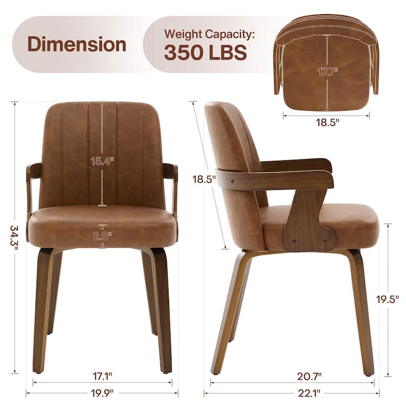 Mid-century Modern Upholstered Dining Chairs Bentwood Side Chairs with Armrests - 34.3"H x 19.9"W x 22.1"D
