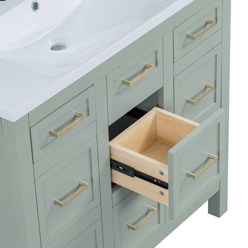 36" Bathroom Vanity Cabinet with Center Rectangular Resin Sink, 4 Drawers Bathroom Storage Cabinet w/ Adjustable Shelves, Green
