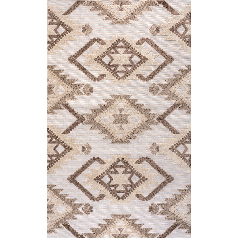 JONATHAN Y Duwun High-Low Pile Neutral Diamond Kilim Indoor/Outdoor Area Rug - 5 X 8 - Brown/Ivory