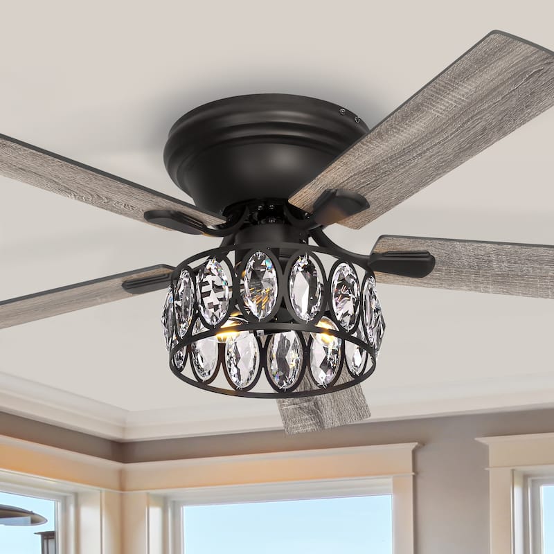 52" Flush Mount 5-Blade Modern Crystal Indoor Ceiling Fan with Light Kit and Remote