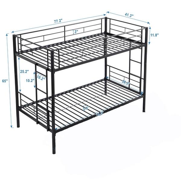 Black Twin over Twin Size Metal Bunk Bed with Ladder and Fence for for Bedroom, Kids, Boys and Girls