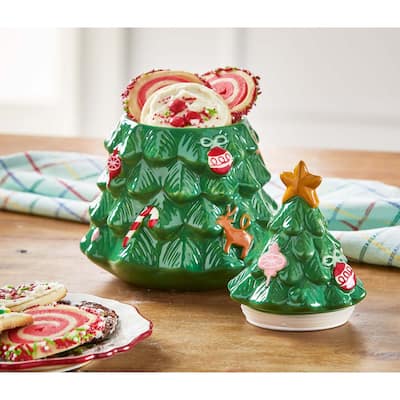 Green Christmas Tree Shaped Stoneware Cookie Jar 6.6"L x 6.6"W x 10.0"H 40 oz.