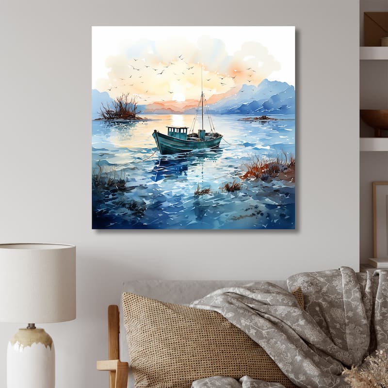 Designart "Blue And Orange Autumn Fishing Boat" Boat Fishing Wall Decor - Modern Print Art For Living Room