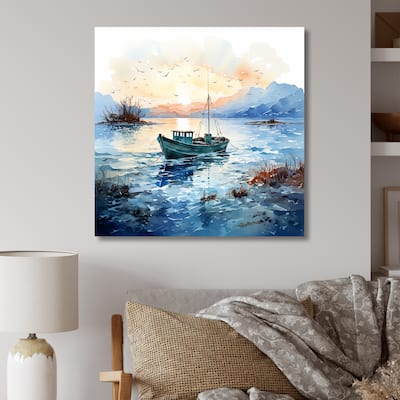 Designart "Blue And Orange Autumn Fishing Boat" Boat Fishing Wall Decor - Modern Print Art For Living Room