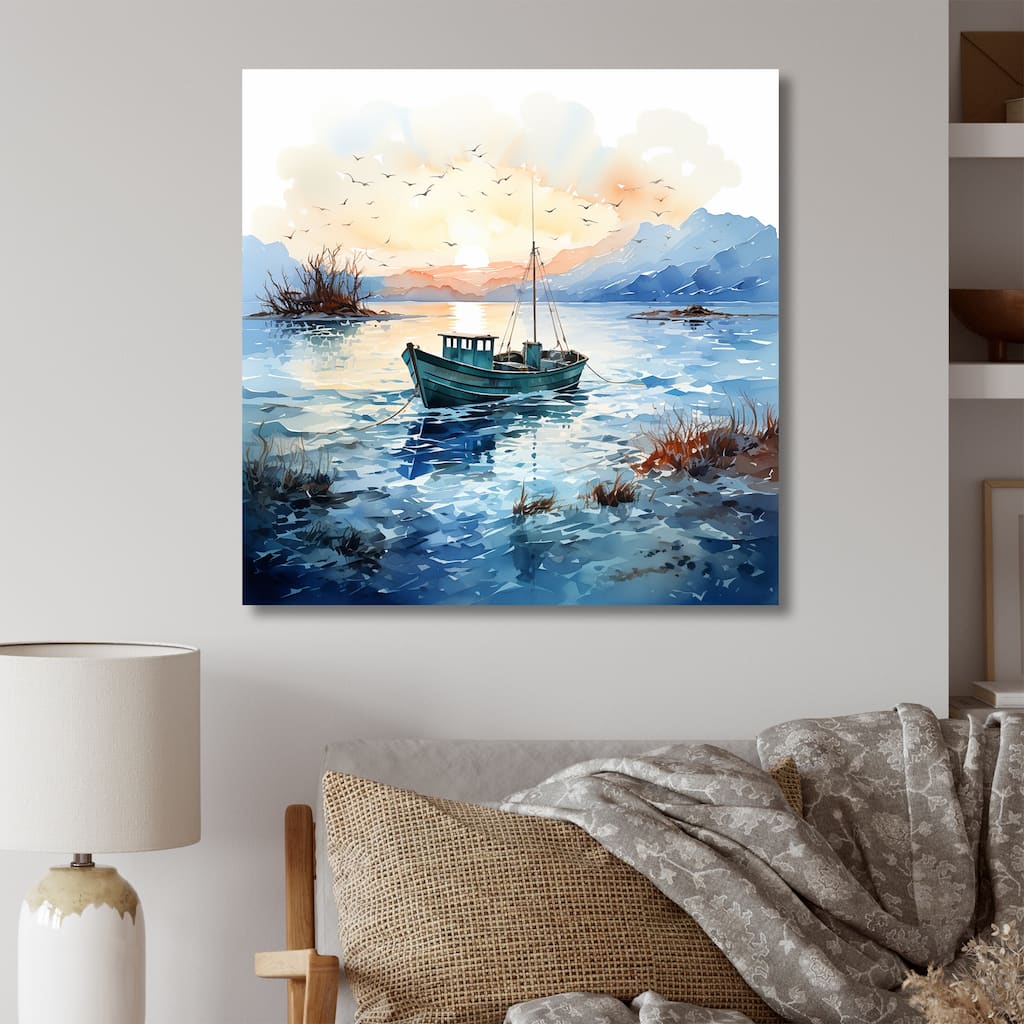 Designart "Blue And Orange Autumn Fishing Boat" Boat Fishing Wall Decor - Modern Print Art For Living Room
