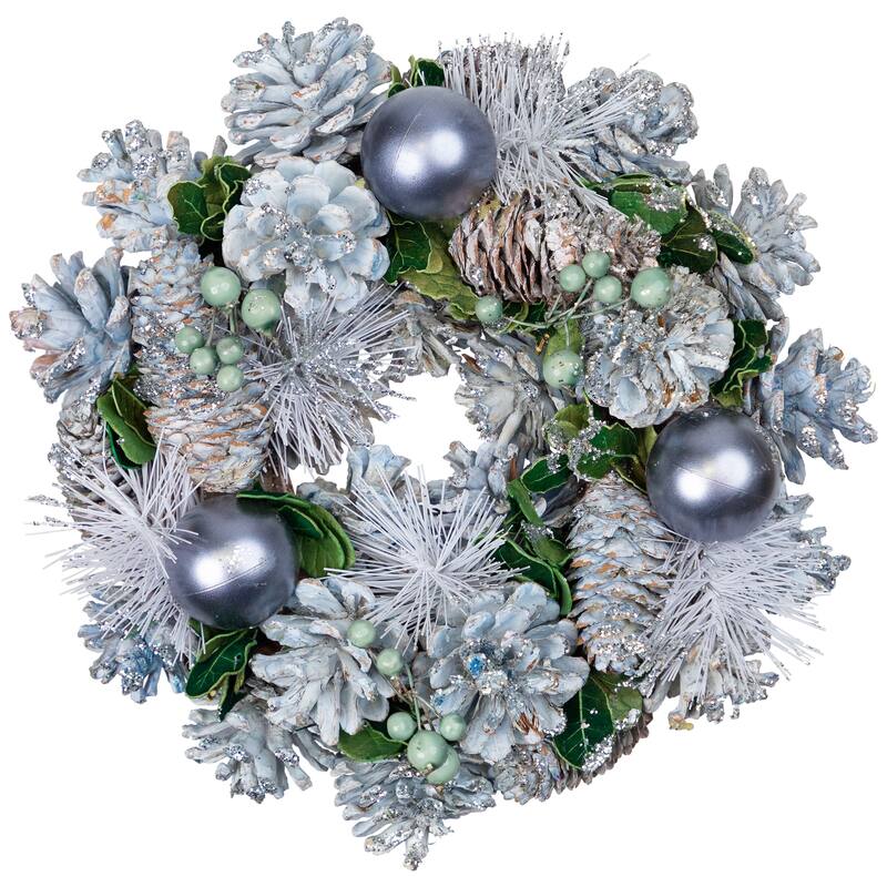 Pinecones, Ornaments and Pine Needles Christmas Wreath - 10" - Blue - Unlit