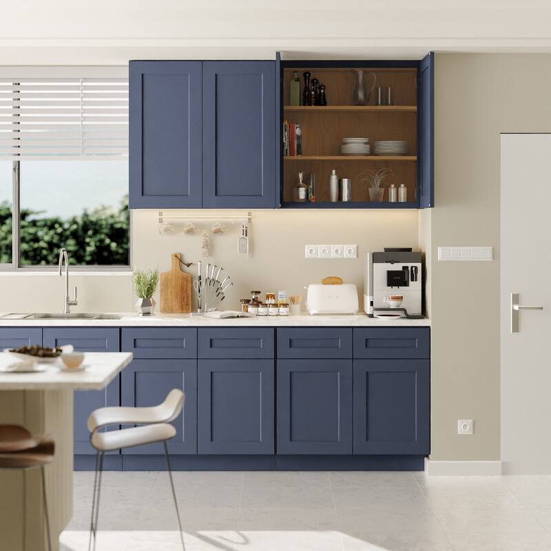 Navy Blue Shaker 36" Solid Wood Wall Cabinet, Soft Close Hinges, Adjustable Shelves, Double Door for Kitchen - Blue