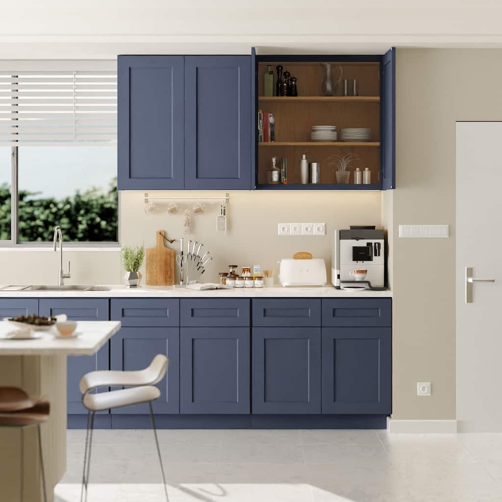Navy Blue Shaker 36" Solid Wood Wall Cabinet, Soft Close Hinges, Adjustable Shelves, Double Door for Kitchen
