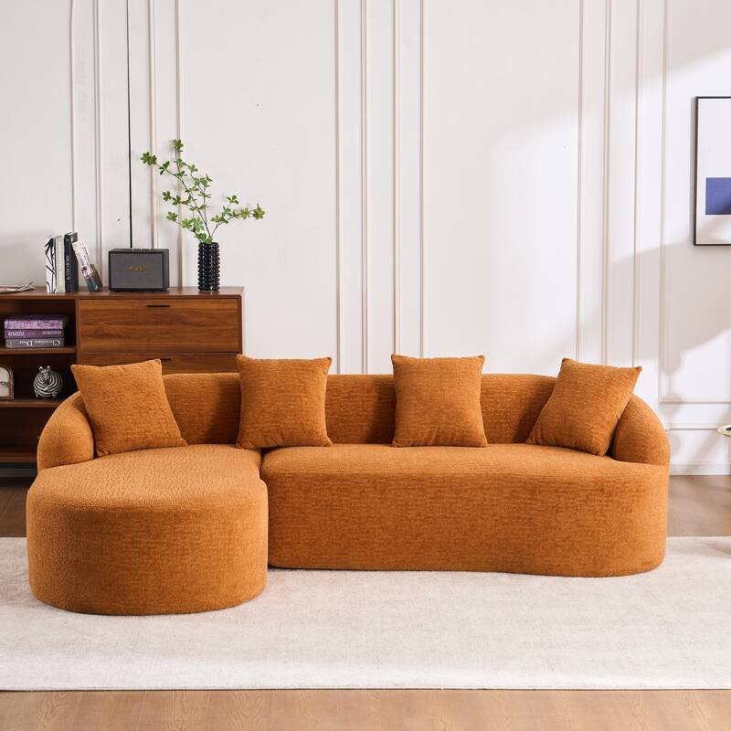 L-Shaped Sectional Sofa with Curved Chaise, Chenille Boneless Cloud Sofa, Modular 4-Seater Sofa with 4 Throw Pillows