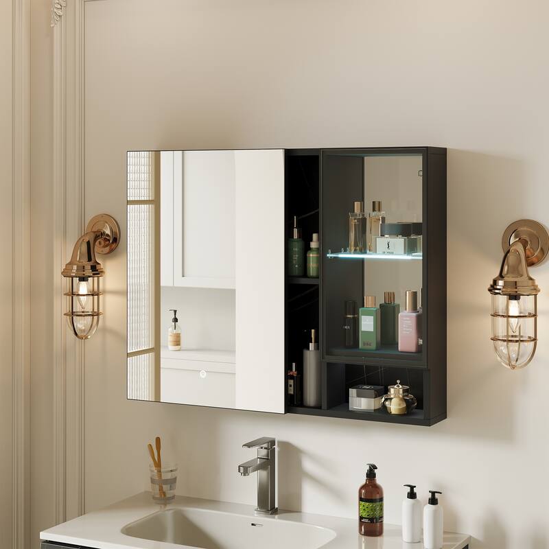 Recessed Mount Aluminum Frameless Medicine Cabinet With Glass Door, Adjustable LED Light, Mirrored Door, And Fixed Shelves - 35.8"x5.7"x28"